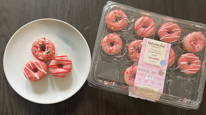 Favorite Day Bakery Strawberry Iced Mini Donuts on a plate.