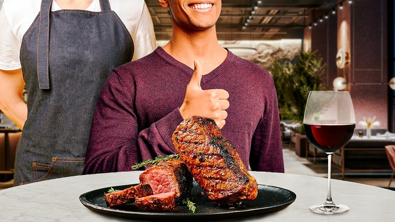 Man with steak at a steakhouse