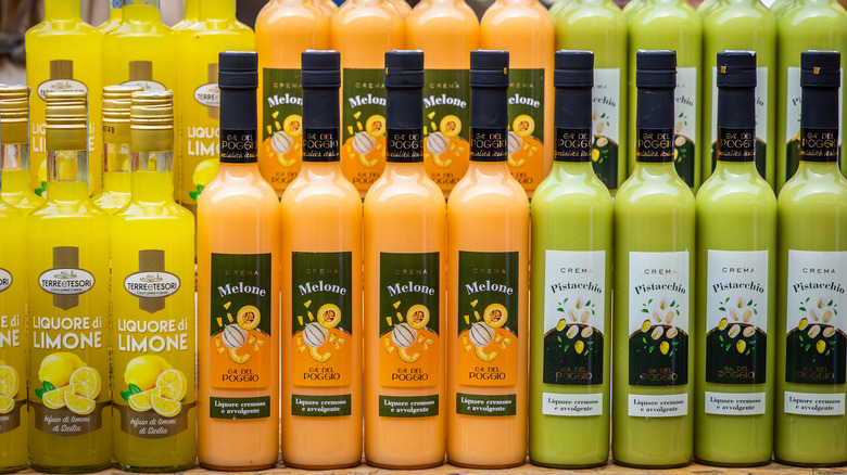 A  store shelf of fruit liqueurs
