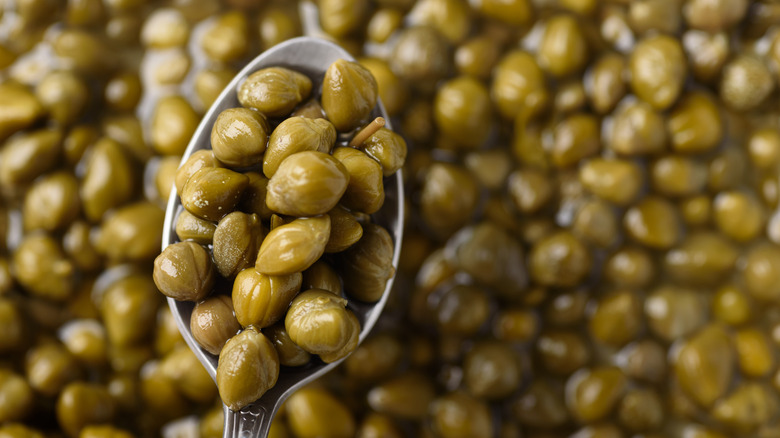 Capers up close on silver spoon