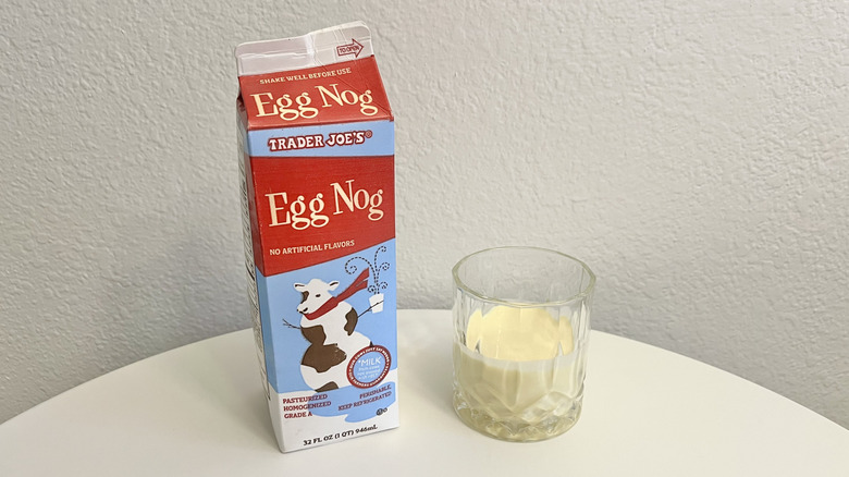 Trader Joe's brand egg nog carton and poured into a glass
