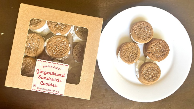 Gingerbread Sandwich Cookies on a small plate and packed inside the box