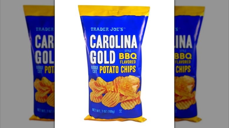 Gold and blue bag of Carolina Gold Style BBQ Ridge Cut Potato Chips from Trader Joe's