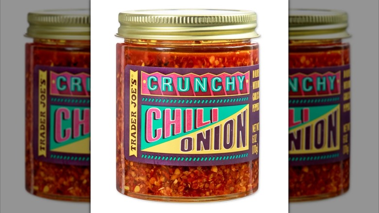 Glass jar of Crunchy Chili Onion condiment from Trader Joe's