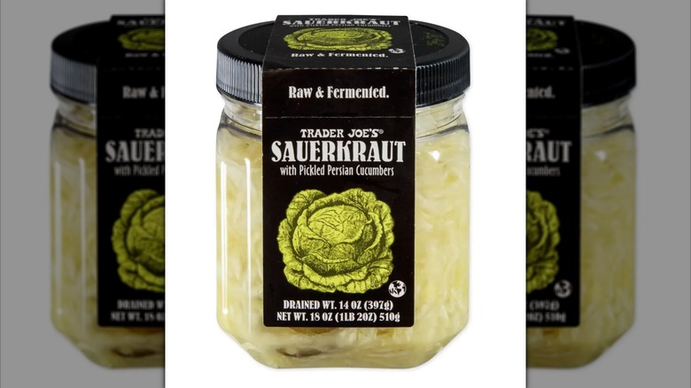Trader Joe's Sauerkraut with Pickled Persian Cucumbers in jar with black lid and label