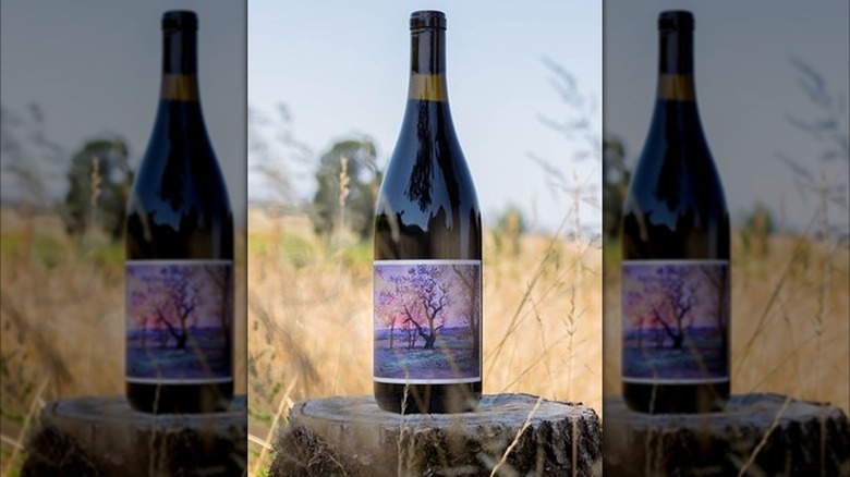 Johan Vineyards Blaufränkisch red wine bottle outside on a stump
