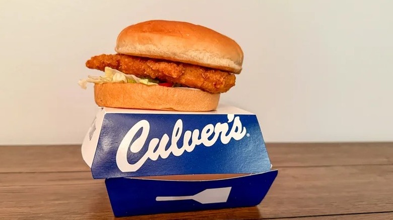 Fried chicken sandwiches on top of a Culver's box