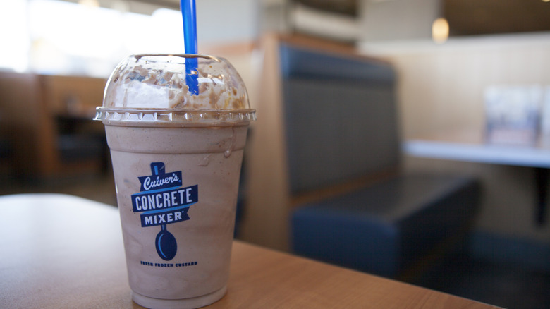 A chocolate dessert labeled "Concrete mixer"