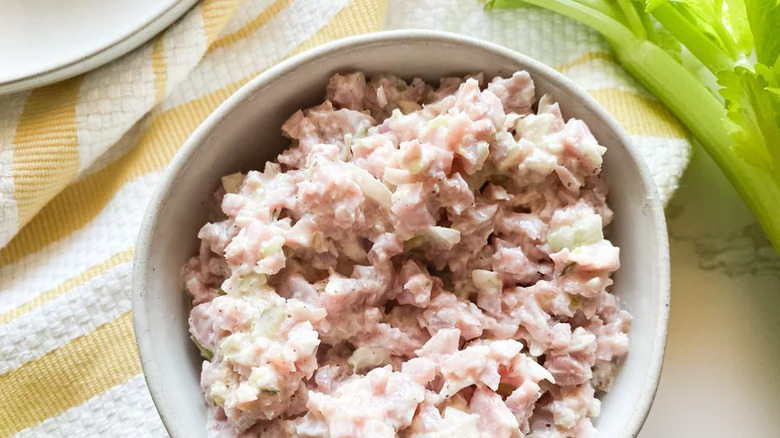 Close-up of a bowl of deviled ham salad.