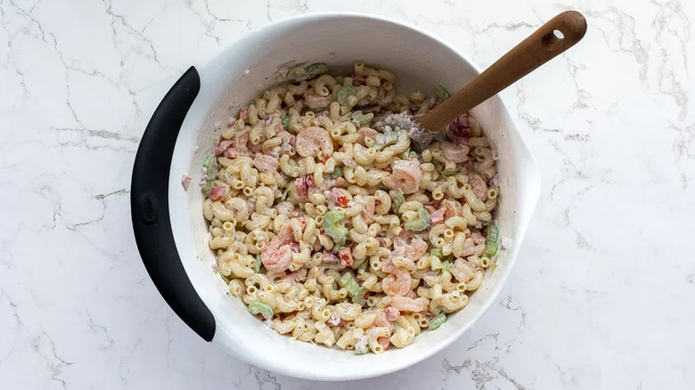Bowl of shrimp and macaroni salad.