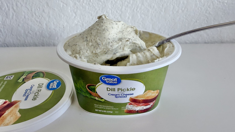 Great Value Dill Pickle Cream Cheese Spread on a spoon