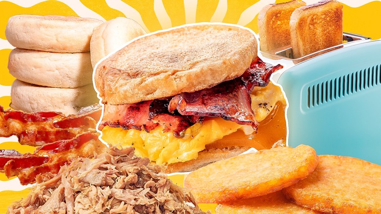 breakfast sandwich and ingredients collage 