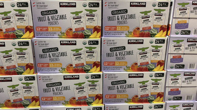 Boxes of Kirkland Signature organic fruit and vegetable pouches
