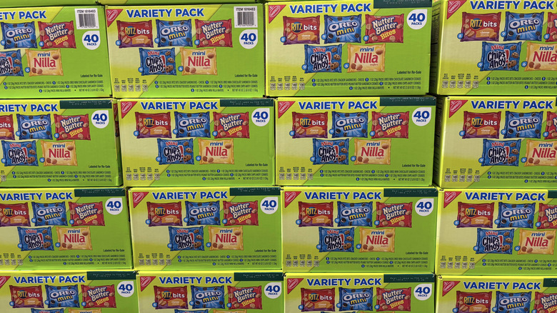 A Nabisco variety box of Ritz bits, Oreo minis, Nutter Butter, Chips Ahoy, and Nilla wafers snack packs.