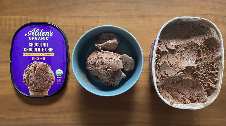 Chocolate chocolate chip ice cream in a bowl and in a container