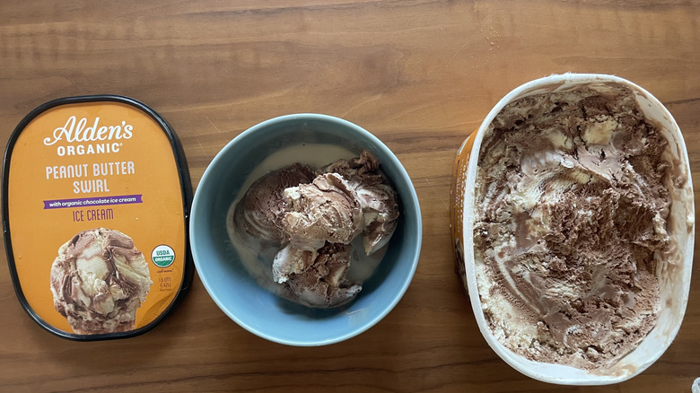 Peanut Butter swirl ice cream in a bowl and in a container