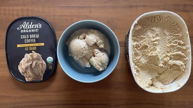 Coffee ice cream in bowl and in a container