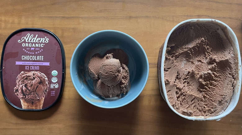 Chocolate ice cream in a bowl and in a container