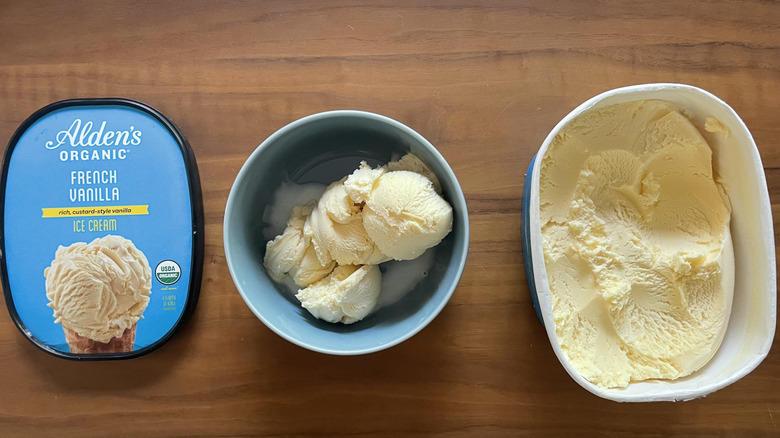 French vanilla ice cream in a bowl and in a container