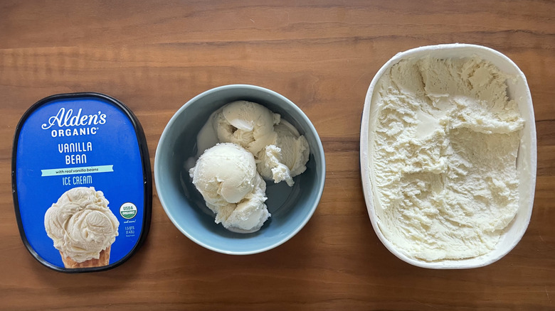 Vanilla bean ice cream in a bowl and in a container