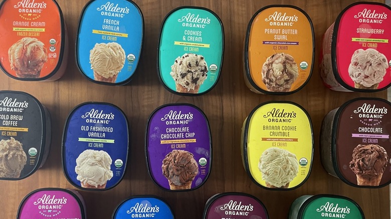 14 different quarts of Alden's Organic ice cream on a table