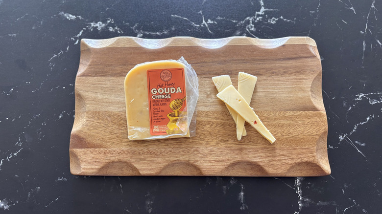 Aldi hot honey Gouda cheese on wooden board