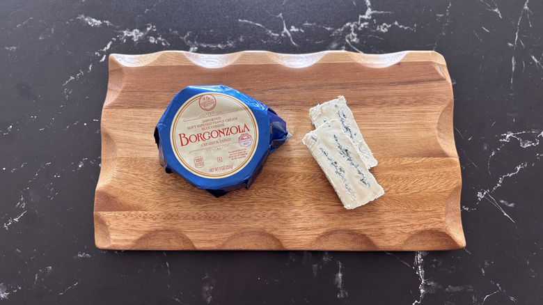 Aldi borgonzola cheese on wooden board