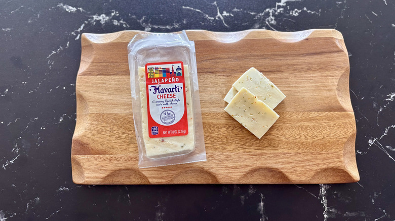 Aldi jalapeño havarti cheese on wooden board