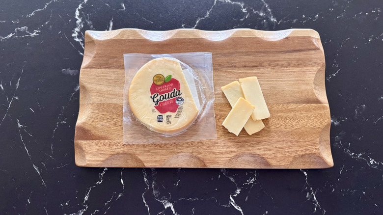 Aldi smoked Gouda cheese on wooden board