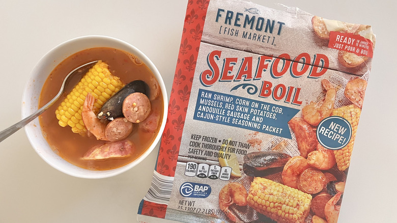 Seafood boil in a white bowl