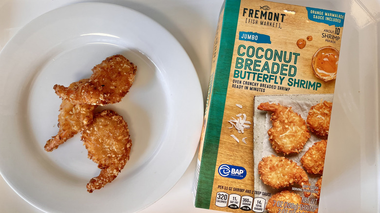 Three pieces of coconut breaded butterfly shrimp