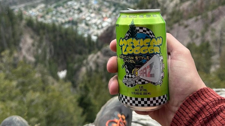 Hand holding can of Mexican Logger with mountain background