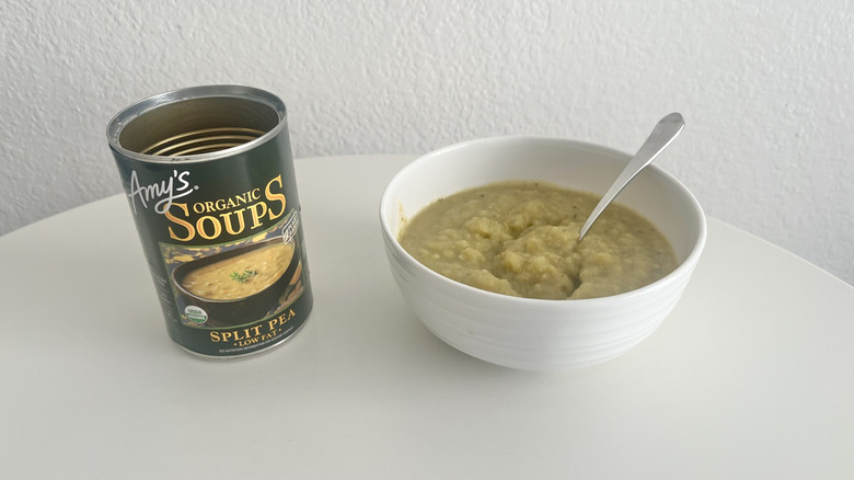 Green split pea soup in a white bowl