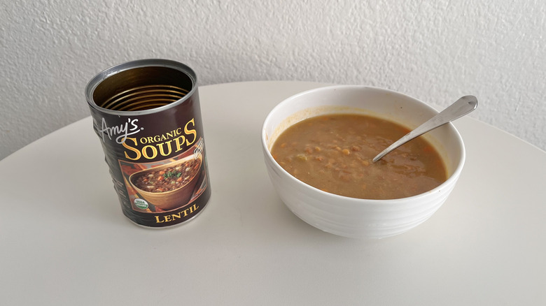 Lentil soup in a bowl with a spoon