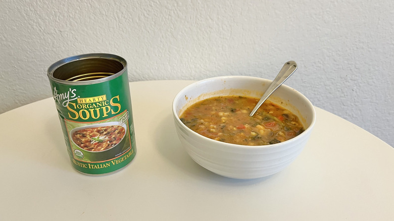 Rustic Italian vegetable soup in a white bowl