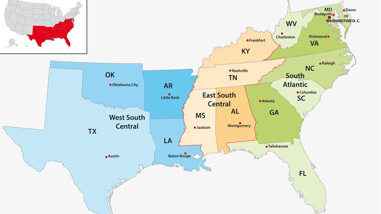 Administrative map of the Southern U.S. states on a white background