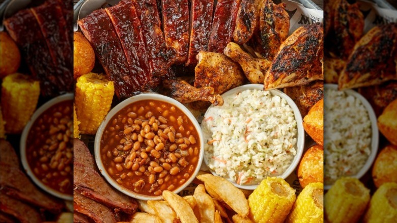 tray of assorted barbecue foods including meat and sides