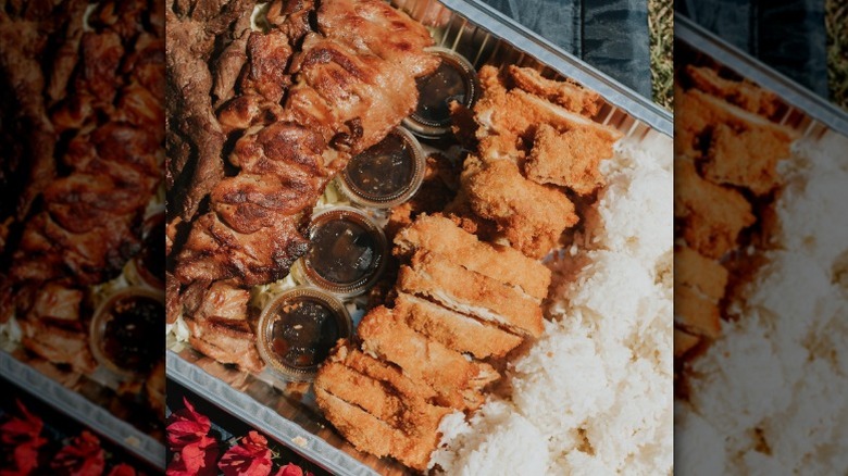 a large tray of Hawaiian barbecue