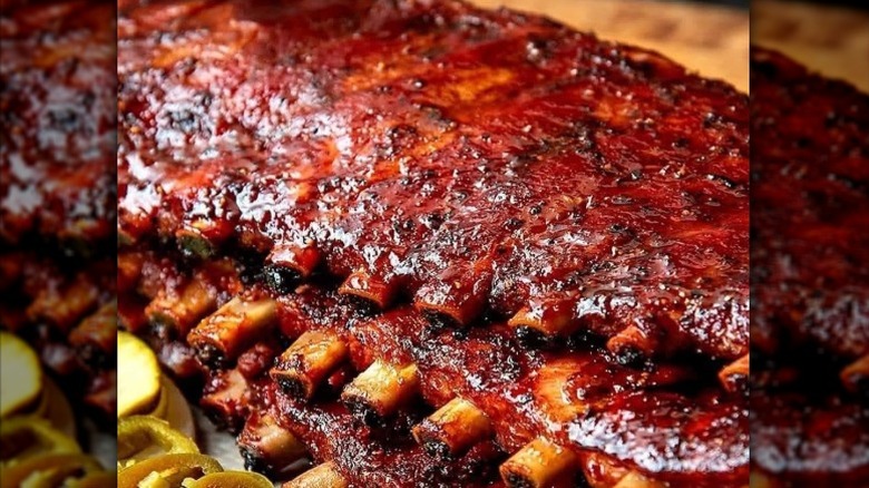 close up of pile of rack of barbecue ribs