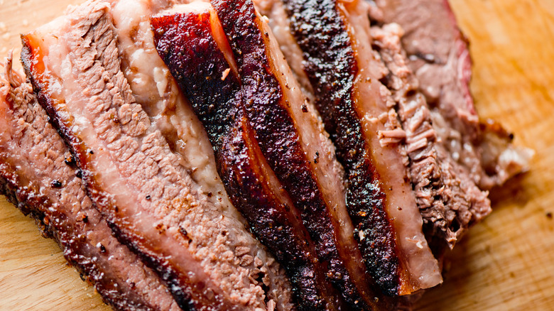 close up of barbecue smoked brisket, sliced