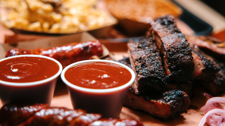 close up of barbecue meat and sauce