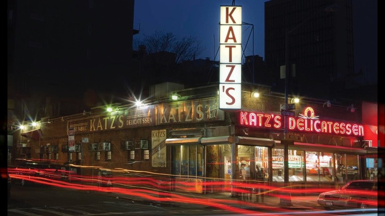 Night timelapse photo of exterior of Katz's Deli