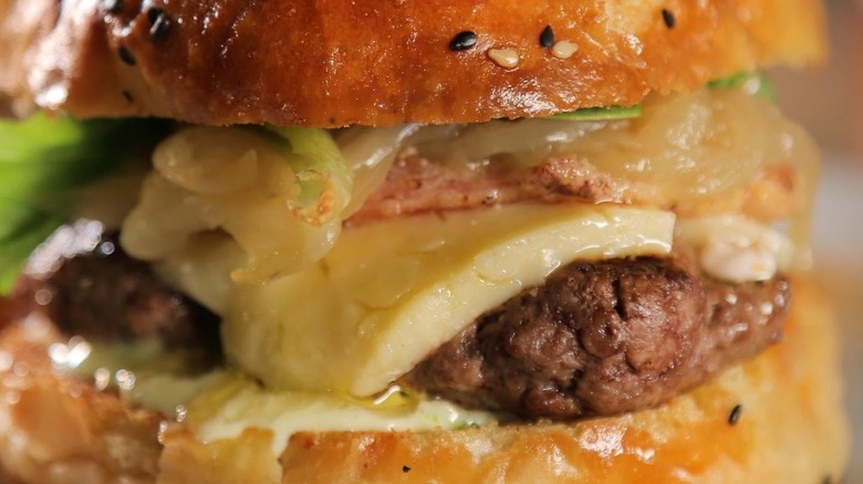 Bison burger with cheese and pork loin