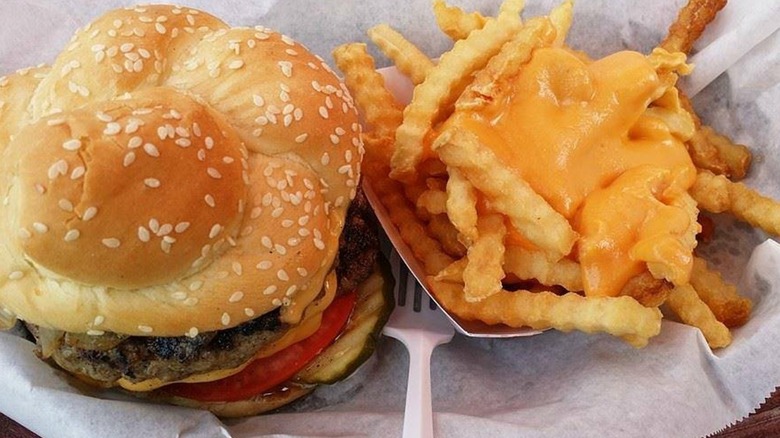 Cheeseburger with cheese-covered crinkle fries