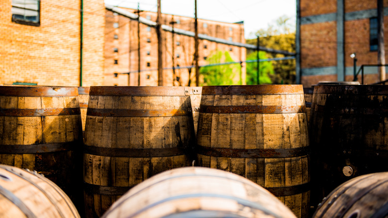 Oak barrels at a distillery 