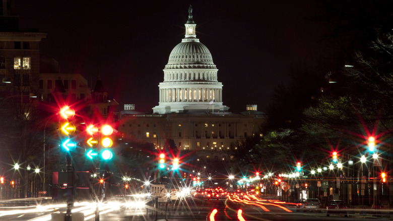 Night time view of Capitol Building in Washinton DC, USA