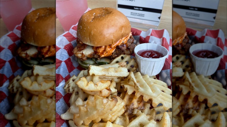 Burger and waffle fries combo from The Roost