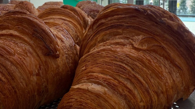 Close-up view of flaky layers of two croissants