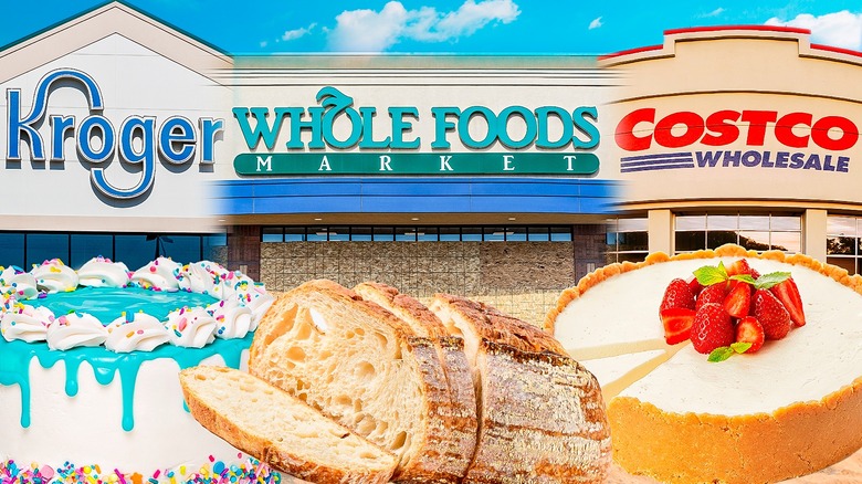 Signs and baked goods from grocery store chains