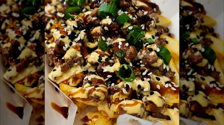 Fries covered with sauces, beef, scallions, and sesame seeds